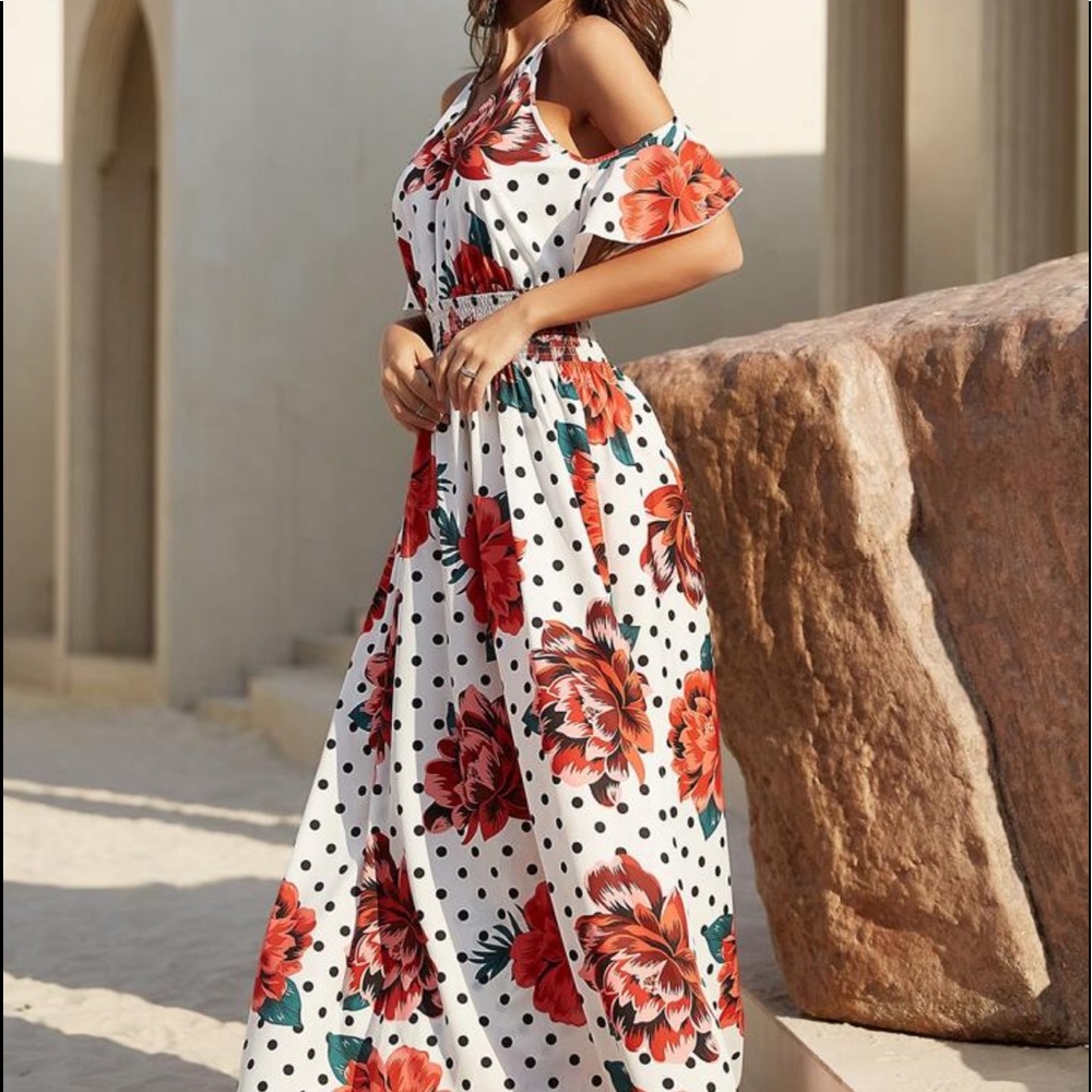 Polka Dot Floral Print Cold Shoulder Shirred Backless Cottagecore Maxi Dress - Picture 4 of 11